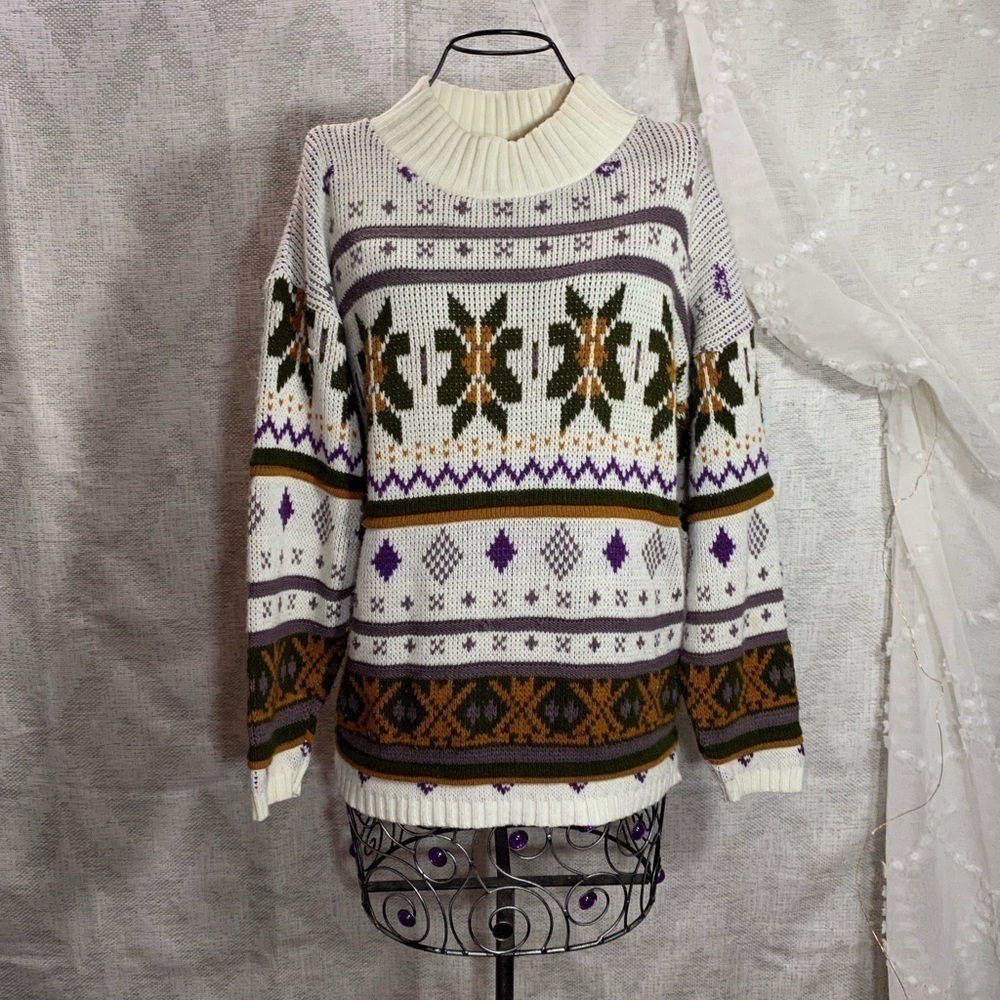 90's Vintage Fair isle cream mock neck sweater